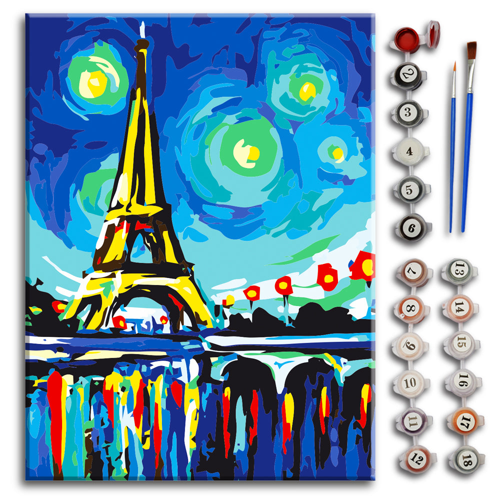 Paris Starry Night (Eiffel) - Paint by Number Kit DIY Oil Painting Kit on  Wood Stretched Canvas 12x16